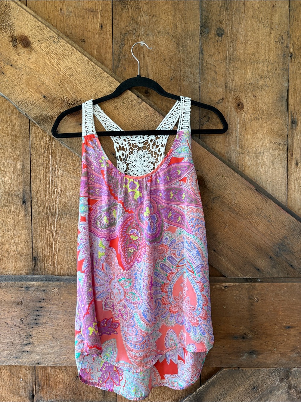 Daytrip Pink Paisley Crochet Lace Back Tank Top Sleeveless Boho 16502LUKB Small